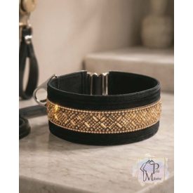   Bársony Félfojtós Nyakörv Borostyán strasszokkal - Strasszos Kutya Nyakörv